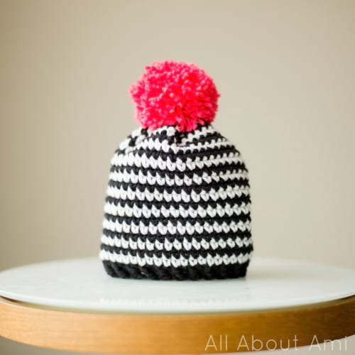 Hand Crocheted Black and White Hat with Smooth Band