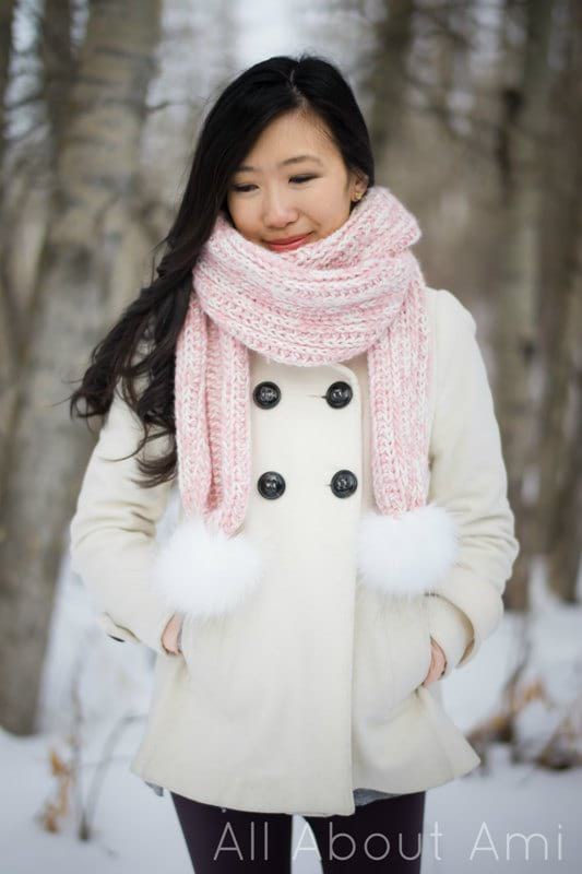 FRR Pink Plaid Scarf with Fur Pom Poms