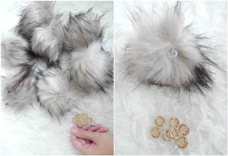 Faux Fur Pom Poms with Elastic Loop and Button