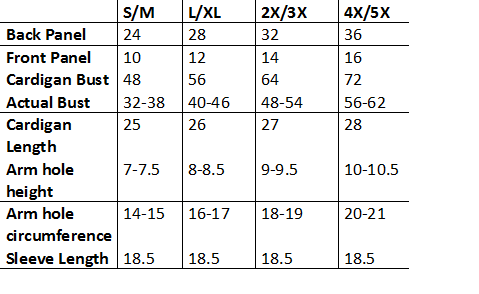 Ridgeline Cardigan Size Chart