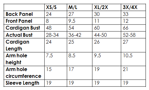 Downtown Cardigan Size Chart