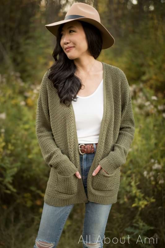 Cloverwood Cardigan – Crochet Pattern for Relaxed Linen Stitch Cardigan  with Pockets and Ribbed Collar [Size Inclusive from XS-5X] - Knits 'N Knots