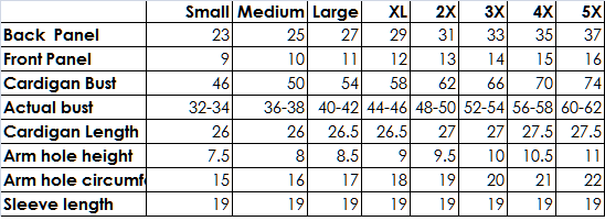 Olivewood Cardigan Size Chart