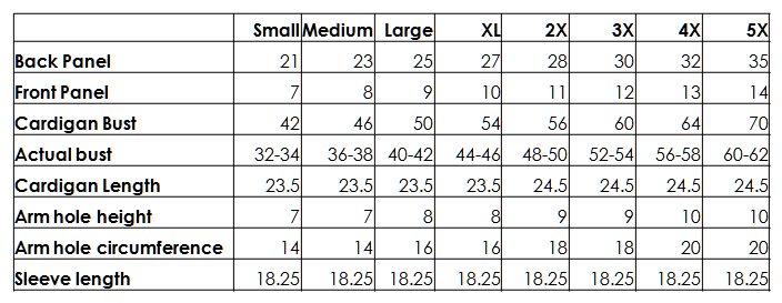 Cozy Days Daisy Cardigan Sizing Chart